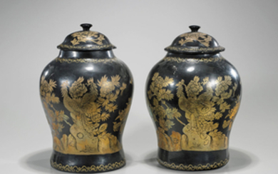 Pair Chinese Black & Gilt Lacquer Vases