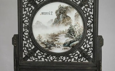 Chinese famille verte scenic plaque with carved stand