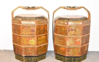 Pair of Chinese Lacquered Stacking Wedding Boxes