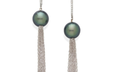 A pair of colored cultured pearl, diamond and 18k white gold tassel earrings