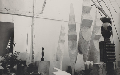 CONSTANTIN BRANCUSI (1876-1957), Vue d’Atelier (La Tortue volante, les Coqs, le Roi des Rois, l’Oiseau dans l’espace, le Baiser, le Nouveau-Né), c. 1945