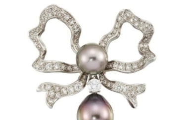 A cultured pearl and diamond bow brooch,...