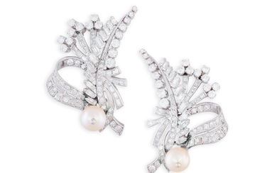 A PAIR OF CULTURED PEARL AND DIAMOND EARCLIPS, CIR…