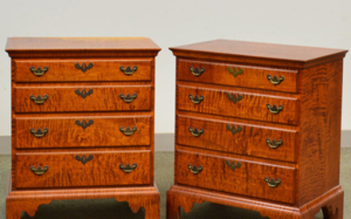 Pair of Diminutive Eldred Wheeler Queen Anne-style Tiger Maple Chests of Drawers