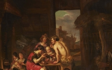 Dutch School, 18th century, A Satyr and a Peasant Family in an Interior