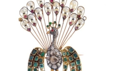 An early 20th century diamond and gem-set peacock