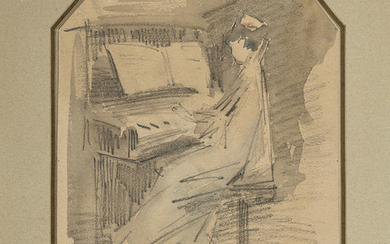 Attribué à Jean-Louis Forain (1852-1931), Femme au piano (recto); Deux hommes caricaturés (verso)