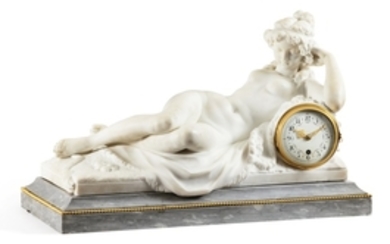 François Linke (1855 - 1946) A French gilt-bronze mounted carved Carrara marble and polychrome-painted enamel mantle clock, Paris, circa 1900