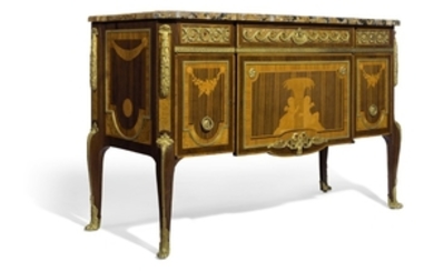 A FRENCH ORMOLU-MOUNTED AMARANTH, KINGWOOD, BOIS SATINÉ, BURR-AMBOYNA AND MARQUETRY COMMODE, AFTER THE MODEL BY GEORG HAUPT, BY PAUL SORMANI, PARIS, THIRD QUARTER 19TH CENTURY