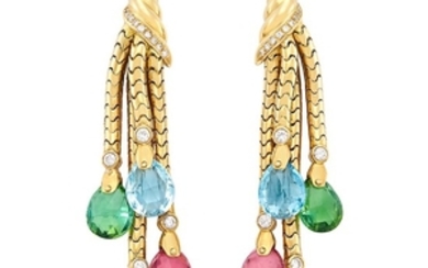 Pair of Gold, Multicolored Stone Briolette and Diamond Fringe Earrings