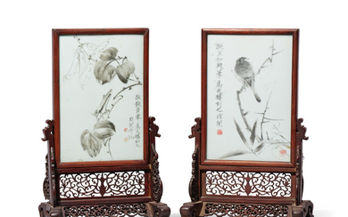 A PAIR OF GRISAILLE-DECORATED AND CARVED RECTANGULAR PORCELAIN FRAMED PLAQUES, 20TH CENTURY, INSCRIBED AND SIGNED BY YU FEI’AN AND ZHU YOULIN