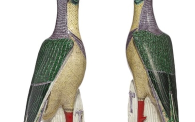 A PAIR OF LARGE ENAMELED FIGURES OF PHEASANTS, 19TH CENTURY