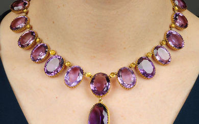 A late Victorian gold amethyst necklace, with floral