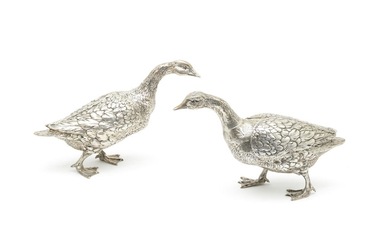 A matched pair of German silver models of geese