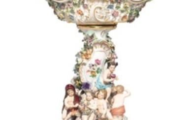 A MEISSEN PORCELAIN FLOWER-ENCRUSTED RETICULATED CENTERPIECE BASKET AND STAND EMBLEMATIC OF THE SEASONS, LATE 19TH/20TH CENTURY, BLUE CROSSED SWORDS MARKS, INCISED MODEL NOS. 605 AND 2745, VARIOUS PRESSNUMMERN, PAINTED 59