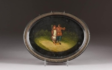 A METAL AND LACQUER TRAY SHOWING A RUSSIAN PEASANT