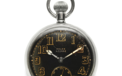 Rolex. A stainless steel keyless wind open face military pocket watch