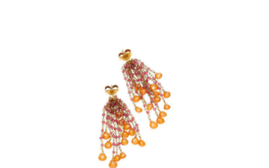 A pair of sapphire and garnet drop earrings
