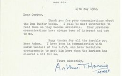 Sir Arthur Harris typed signed letter to WW2 author Alan Cooper regarding his Dam Busters books. Good Condition. All signed...