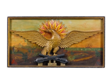 VERY FINE AND RARE PATRIOTIC CARVED AND GILTWOOD SPREAD-WINGED AMERICAN EAGLE WITH PAINTED SEASCAPE BACKGROUND WALL PLAQUE, POSSIBLY JOSEPH MASON (JOHN WILLIAMS) (ABT.1780) AND WILLIAM HENRY COFFIN (1812-1898), PROBABLY NANTUCKET, MASSACHUSETTS, CIRCA...