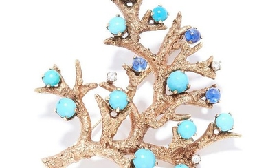 VINTAGE TURQUOISE, SAPPHIRE AND DIAMOND BRANCH BROOCH