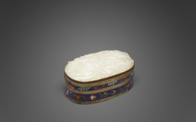 A white jade plaque mounted to a cloisonné enameled box