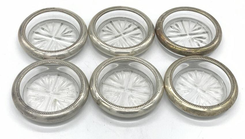 6 Vntg FB ROGERS STERLING SILVER Glass Coasters