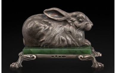 A Silver and Nephrite Rabbit-Form Paperweight in