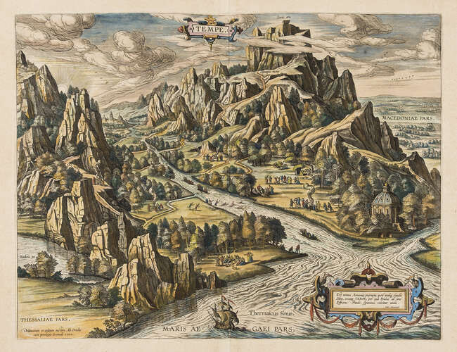 Mount Olympus.- Greek myths.- Ortelius (Abraham) Tempe, [circa 1590 or later]; together with a double-page engraved view of the ancient Mesopotamian Kingdom of Babylon (2)