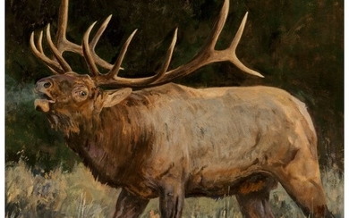 68056: Ken Carlson (American, b. 1937) Elk Oil on Mason