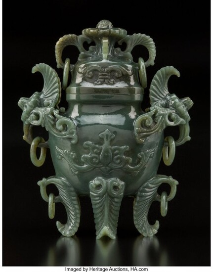 78456: A Chinese Deep Celadon Jade Covered Vase 6-5/8 x