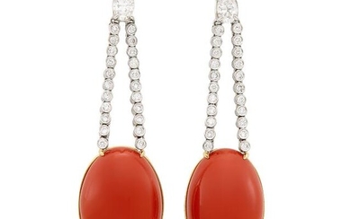 Pair of Platinum, Gold, Diamond and Coral Pendant-Earrings