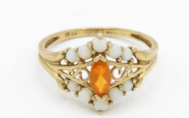 9ct gold orange fire opal with white opal frame cluster ring...