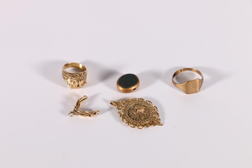 9ct gold ring of textured block form, a similar signet ring,...
