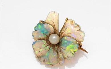 A 15ct gold and opal floral brooch, damage to opal,...