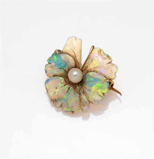 A 15ct gold and opal floral brooch, damage to opal,...