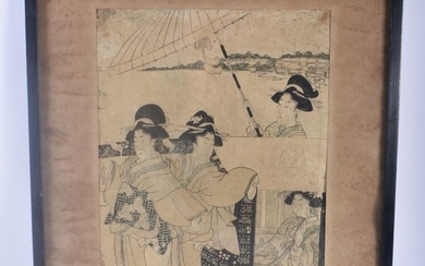 A 19TH CENTURY JAPANESE MEIJI PERIOD WOODBLOCK PRINT depicting four geisha within a landscape. 52 cm