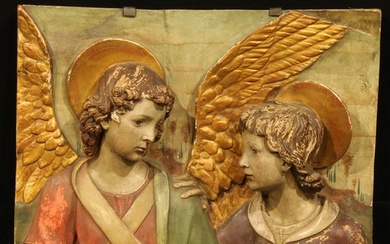 A 19th century terracotta relief panel, modelled and painted...