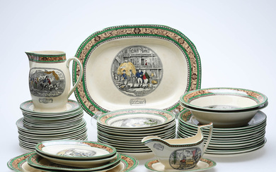 A 58-piece “Illustrations from Dickens” dining set by William Adams, Tunstall, England, 1920s-30s.
