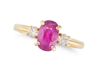A BURMA NO HEAT RUBY AND DIAMOND THREE STONE RING set with an oval cut ruby of 2.14 carats, accented