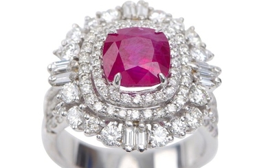 A BURMESE RUBY AND DIAMOND CLUSTER RING