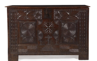 A CARVED OAK CHEST, ALMOST CERTAINLY SPANISH OR PORTUGUESE, 18TH CENTURY