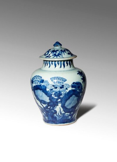 A CHINESE BLUE AND WHITE BALUSTER VASE AND COVER TRANSITIONAL...