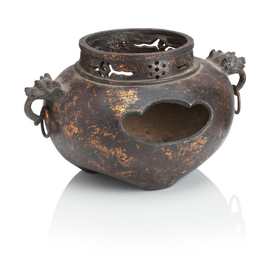A CHINESE CAST IRON AND GOLD SPLASHED CENSER