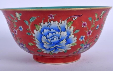 A CHINESE CORAL GROUND PORCELAIN BOWL 20th Century. 15