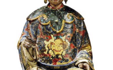 A CHINESE POLYCHROME AND GILT POTTERY SEATED FIGURE OF A COURTIER, LATE 18TH/19TH CENTURY