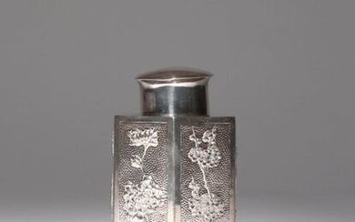 A CHINESE SILVER HEXAGONAL-SECTION TEA CANISTER AND COVER C.1900 Decorated...