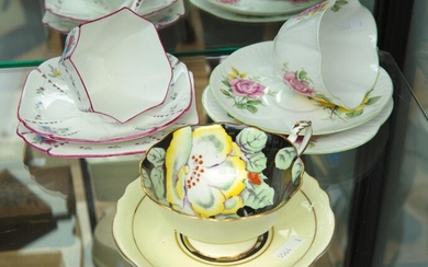A COLLECTION OF PORCELAIN INCLUDING PARAGON BLACK GROUND TEACUP AND SAUCER