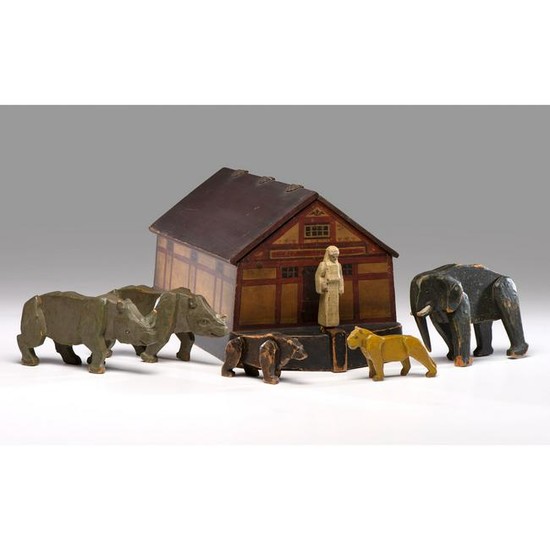 A Carved and Painted Wood Noah's Ark Toy with Figures