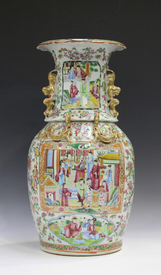 A Chinese Canton famille rose porcelain vase, mid-19th century, the shouldered ovoid body and flared